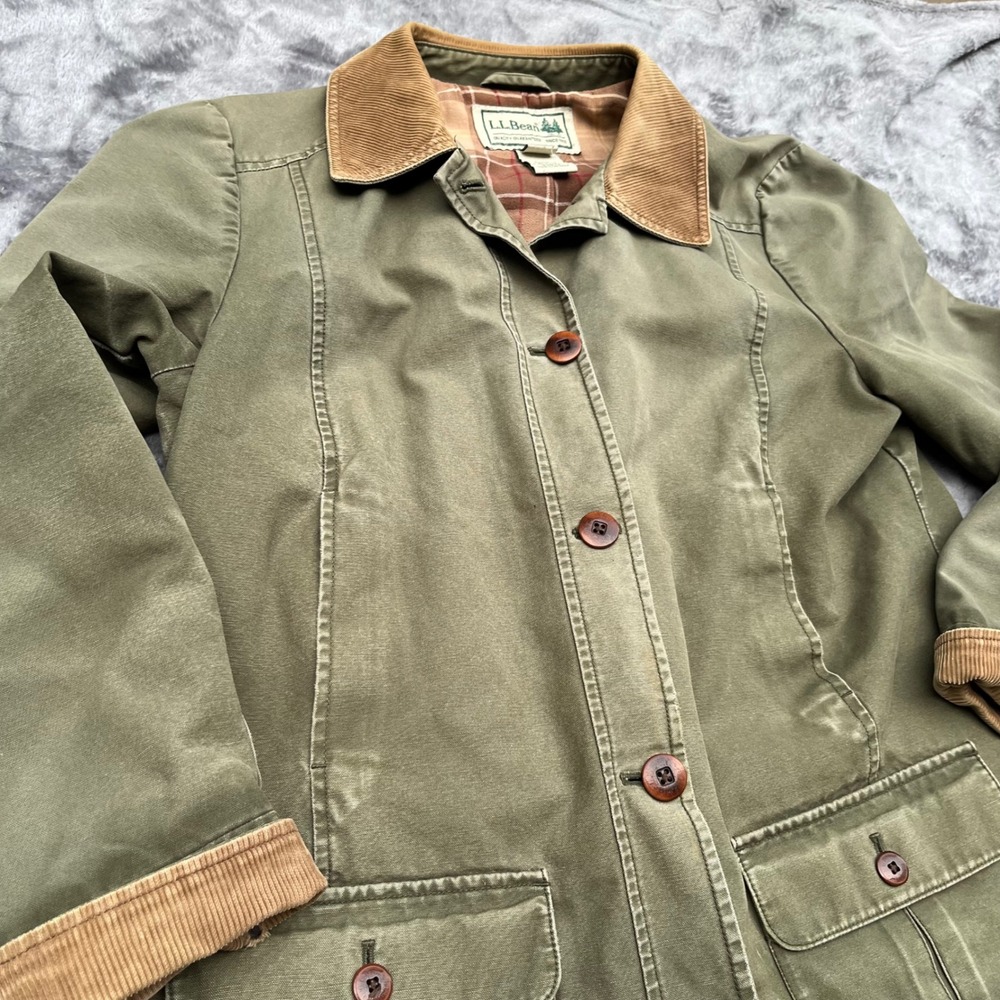LL Bean Womens Field Coat Barn Jacket Olive Green Corduroy Trim Plaid Lined L